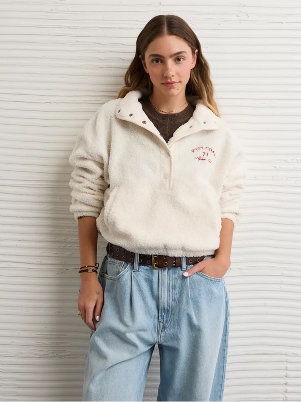 NWT AMERICAN EAGLE SHERPA FLEECE GRAPHIC HENLEY SWEATSHIRT CREAM WOMEN’S MEDIUM